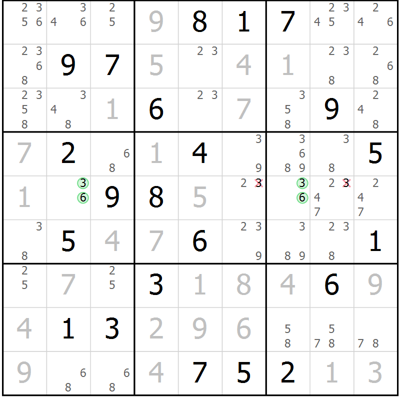 Position des candidats pour la solution de la Gr 122 page 125 du magazine de sudoku Giga sudoku niv 6-8 n° 032