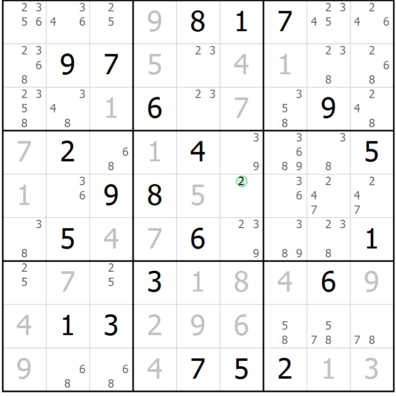 Position des candidats pour la solution de la Gr 122 page 125 du magazine de sudoku Giga sudoku niv 6-8 n° 032