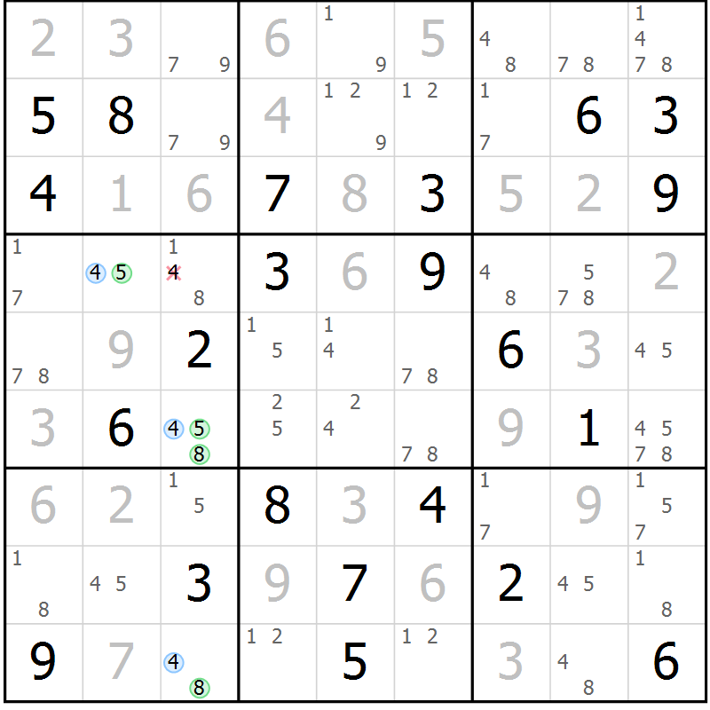 Position des candidats pour la solution de la Gr 123 page 126 du magazine de sudoku Giga sudoku niv 6-8 n° 032