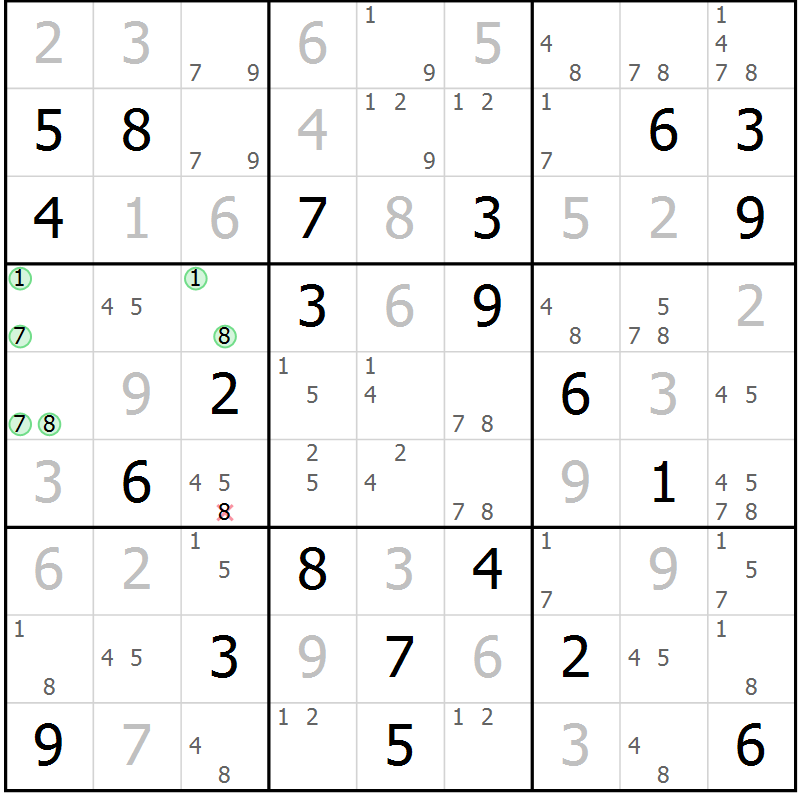 Position des candidats pour la solution de la Gr 123 page 126 du magazine de sudoku Giga sudoku niv 6-8 n° 032