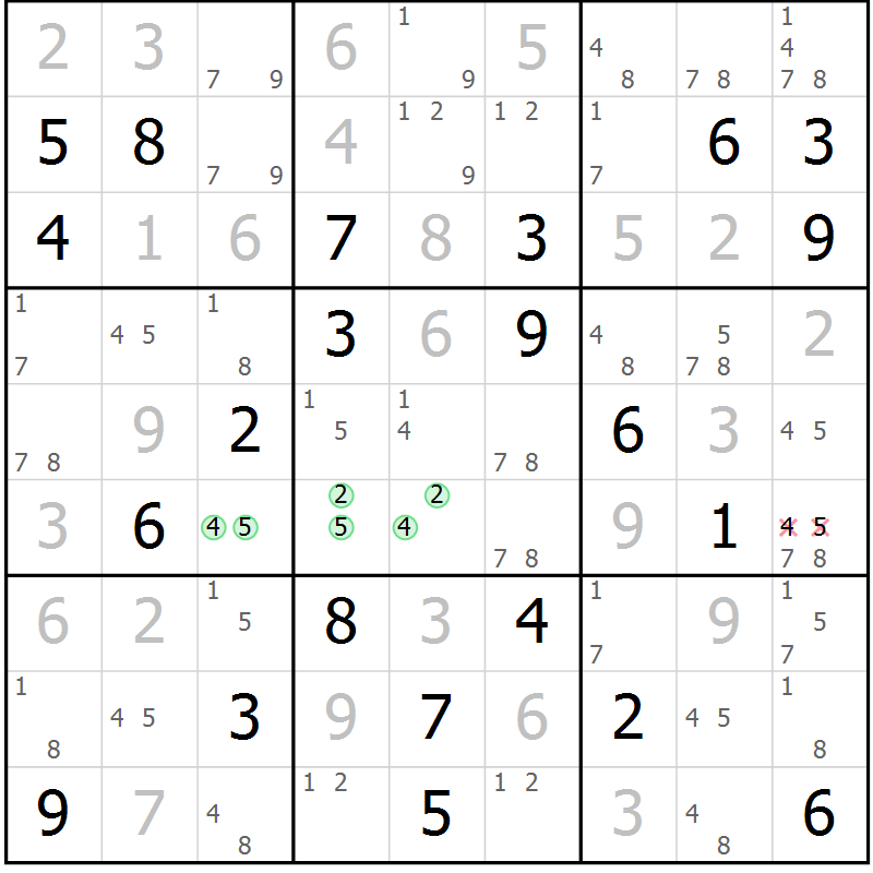 Position des candidats pour la solution de la Gr 123 page 126 du magazine de sudoku Giga sudoku niv 6-8 n° 032