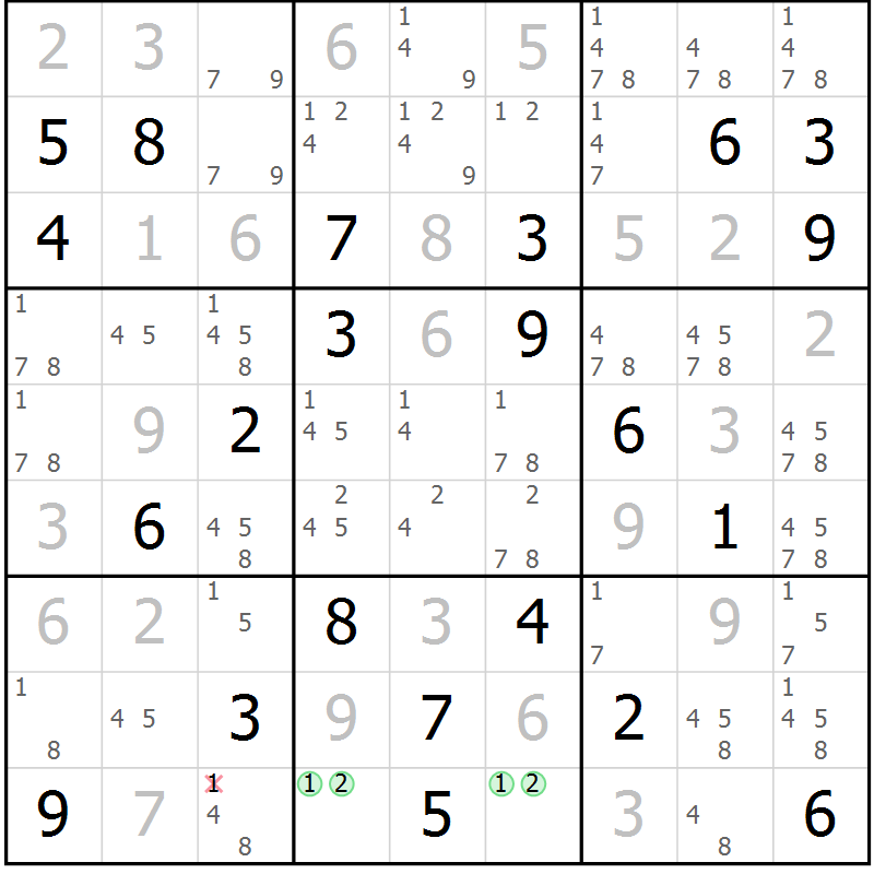 Position des candidats pour la solution de la Gr 123 page 126 du magazine de sudoku Giga sudoku niv 6-8 n° 032