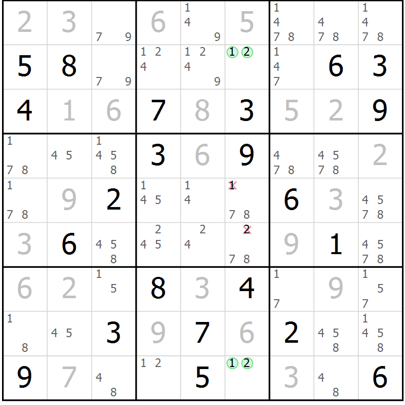 Position des candidats pour la solution de la Gr 123 page 126 du magazine de sudoku Giga sudoku niv 6-8 n° 032