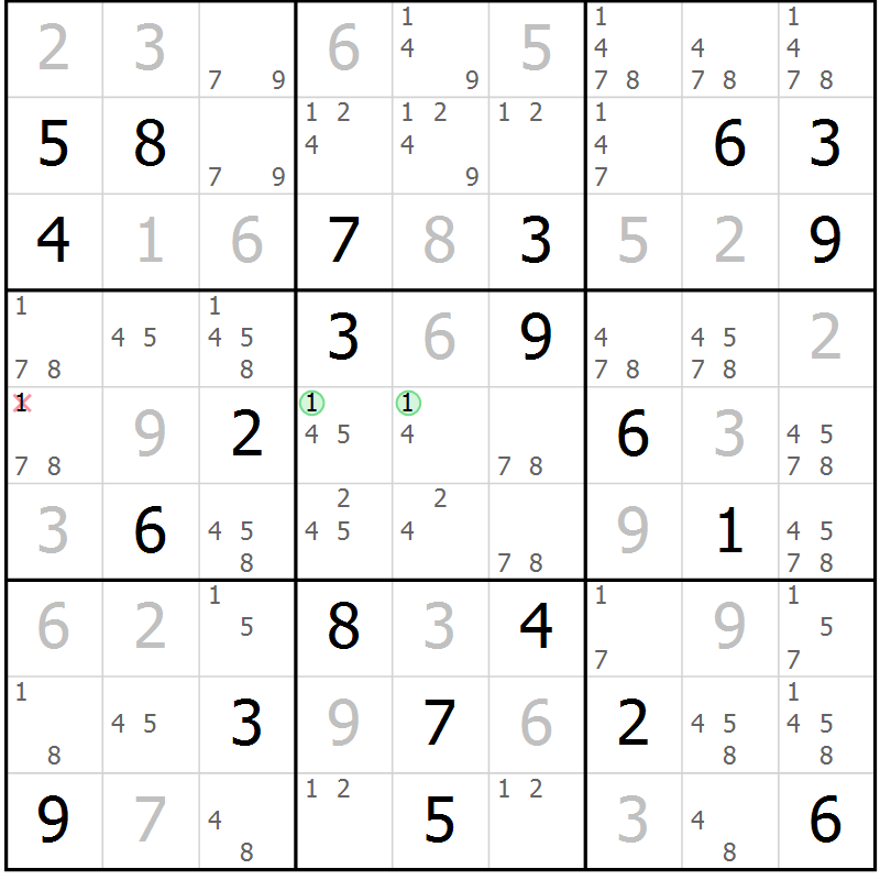 Position des candidats pour la solution de la Gr 123 page 126 du magazine de sudoku Giga sudoku niv 6-8 n° 032