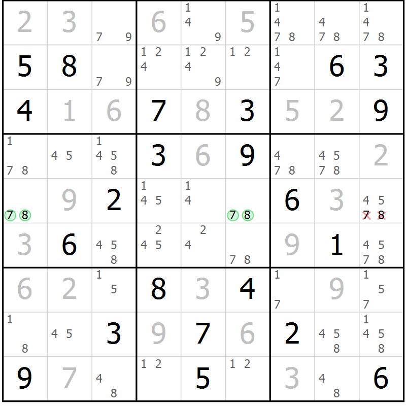 Position des candidats pour la solution de la Gr 123 page 126 du magazine de sudoku Giga sudoku niv 6-8 n° 032