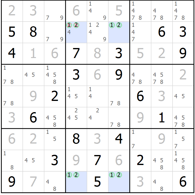 Position des candidats pour la solution de la Gr 123 page 126 du magazine de sudoku Giga sudoku niv 6-8 n° 032