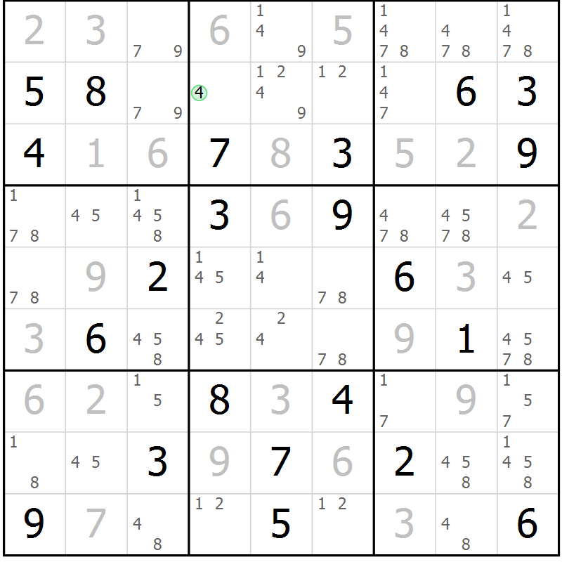 Position des candidats pour la solution de la Gr 123 page 126 du magazine de sudoku Giga sudoku niv 6-8 n° 032