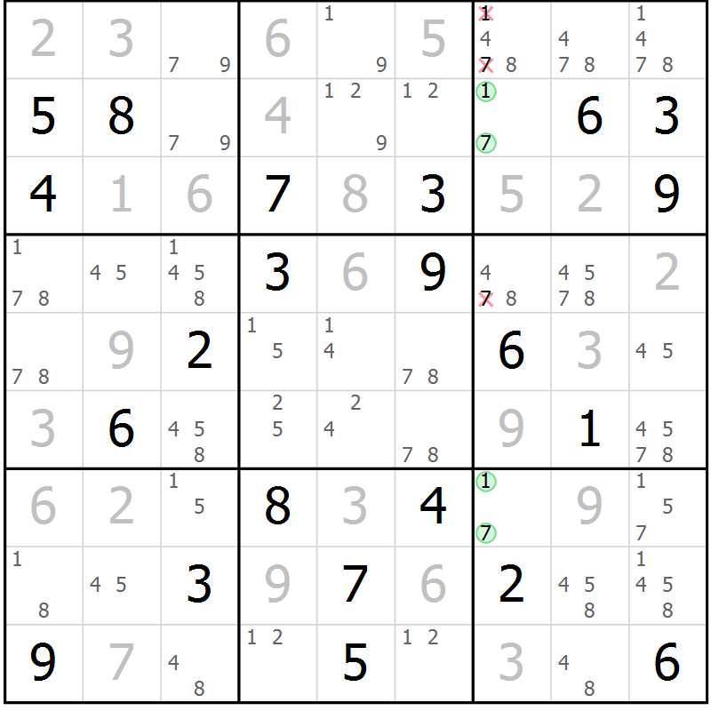Position des candidats pour la solution de la Gr 123 page 126 du magazine de sudoku Giga sudoku niv 6-8 n° 032