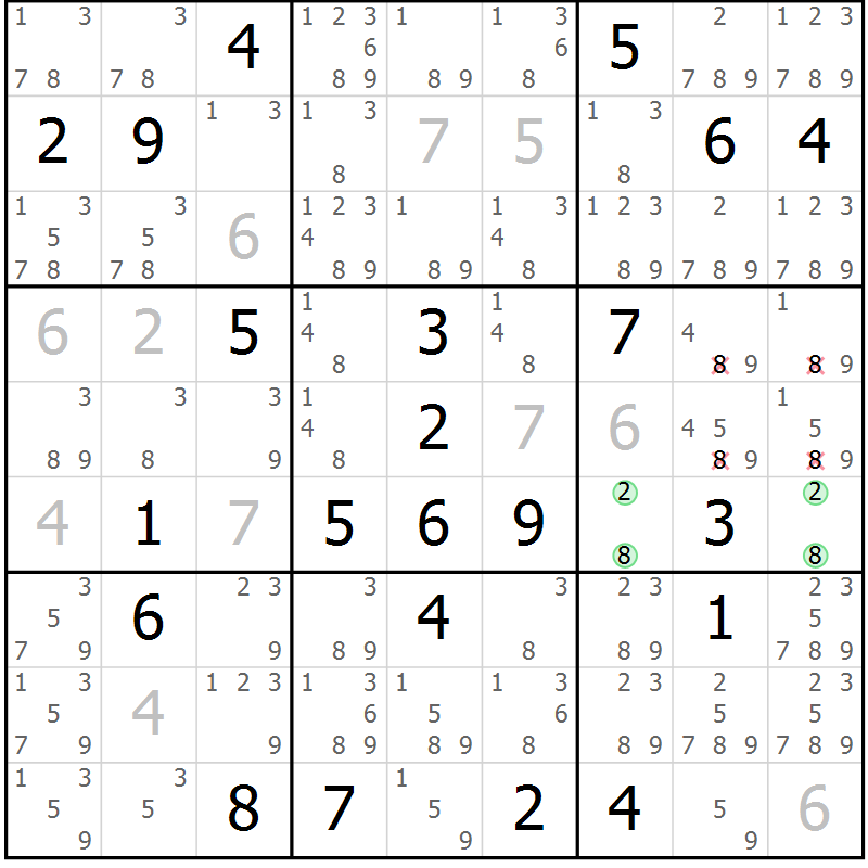 Position des candidats pour la solution de la Gr 124 page 127 du magazine de sudoku Giga sudoku niv 6-8 n° 032