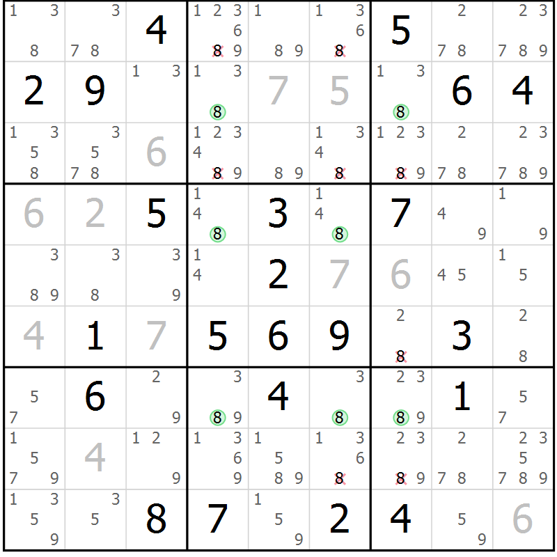 Position des candidats pour la solution de la Gr 124 page 127 du magazine de sudoku Giga sudoku niv 6-8 n° 032