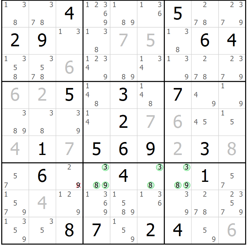 Position des candidats pour la solution de la Gr 124 page 127 du magazine de sudoku Giga sudoku niv 6-8 n° 032