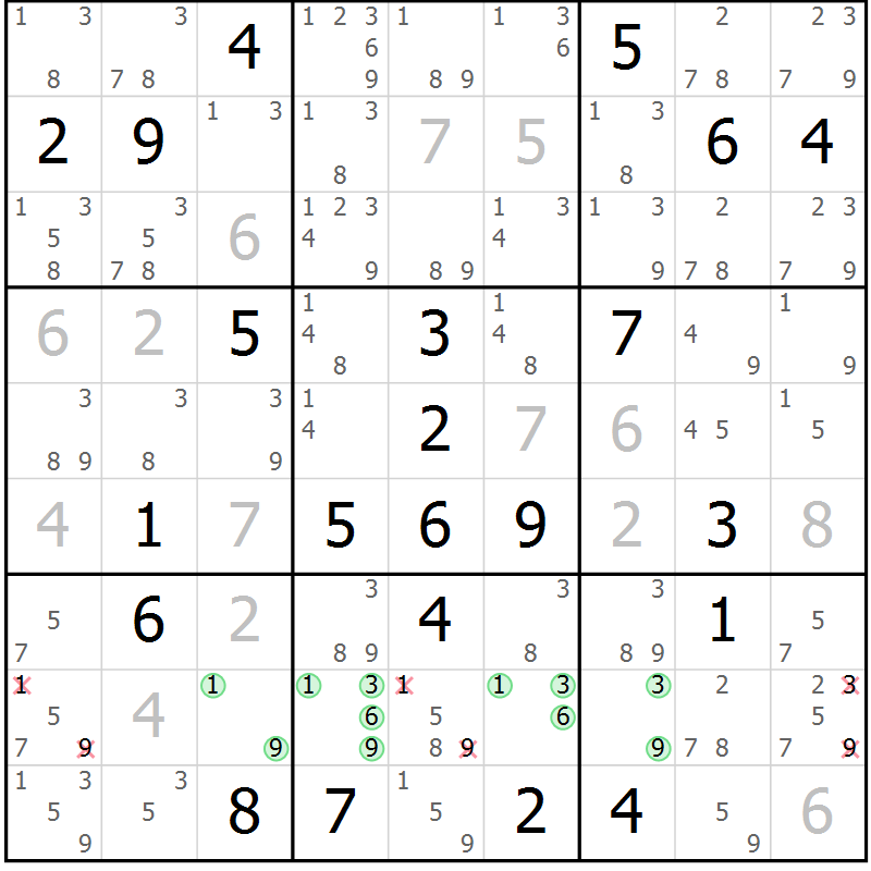 Position des candidats pour la solution de la Gr 124 page 127 du magazine de sudoku Giga sudoku niv 6-8 n° 032