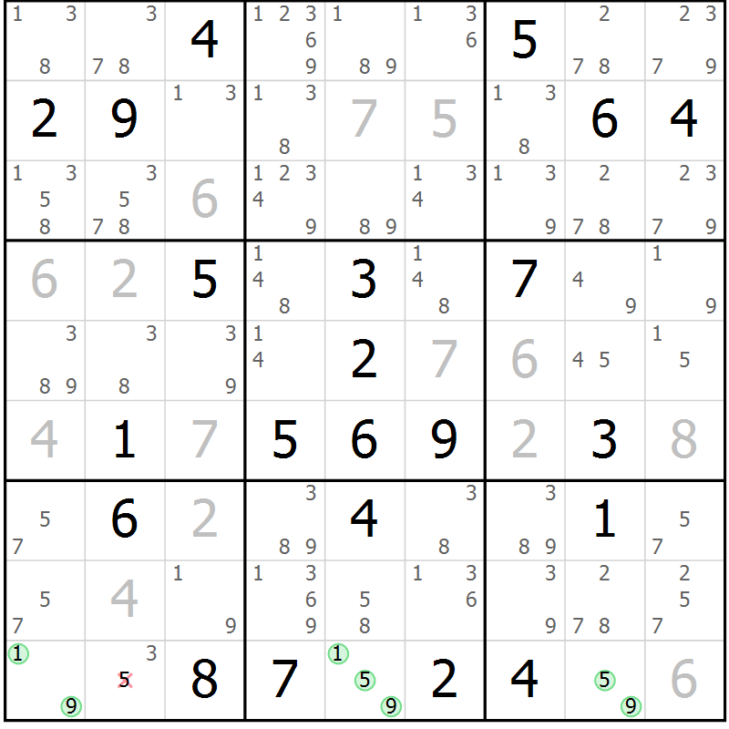 Position des candidats pour la solution de la Gr 124 page 127 du magazine de sudoku Giga sudoku niv 6-8 n° 032