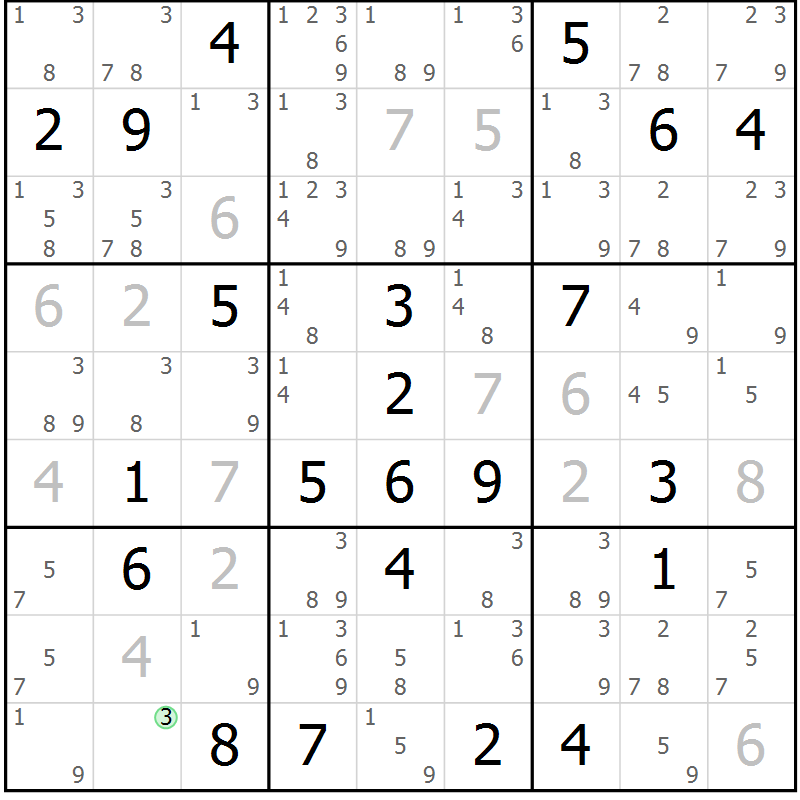Position des candidats pour la solution de la Gr 124 page 127 du magazine de sudoku Giga sudoku niv 6-8 n° 032