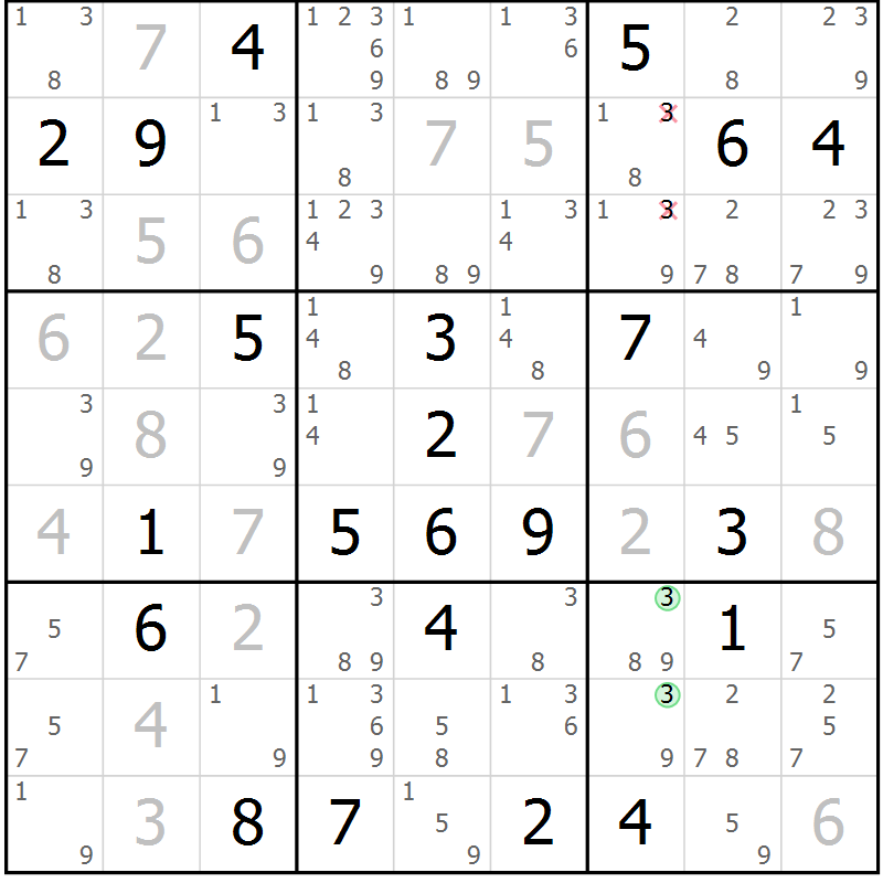 Position des candidats pour la solution de la Gr 124 page 127 du magazine de sudoku Giga sudoku niv 6-8 n° 032