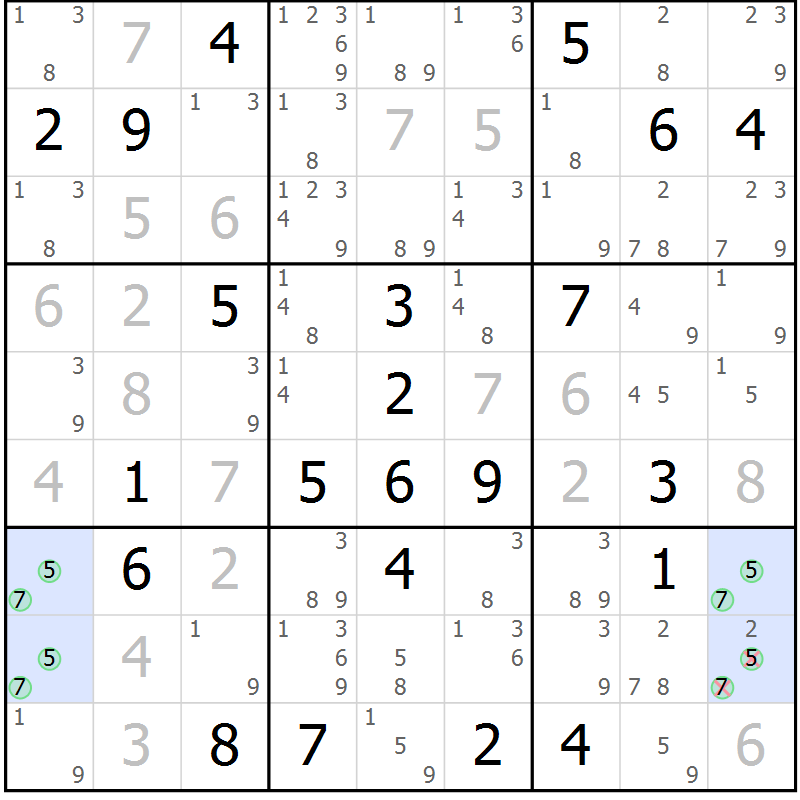 Position des candidats pour la solution de la Gr 124 page 127 du magazine de sudoku Giga sudoku niv 6-8 n° 032