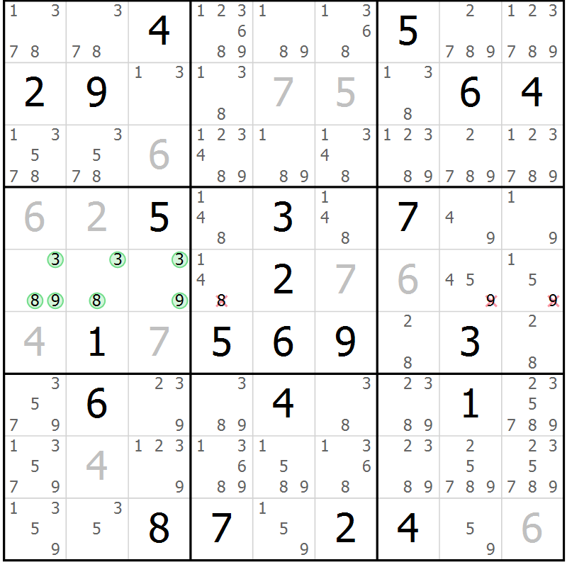 Position des candidats pour la solution de la Gr 124 page 127 du magazine de sudoku Giga sudoku niv 6-8 n° 032