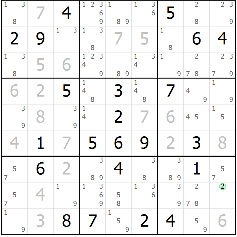 Position des candidats pour la solution de la Gr 124 page 127 du magazine de sudoku Giga sudoku niv 6-8 n° 032
