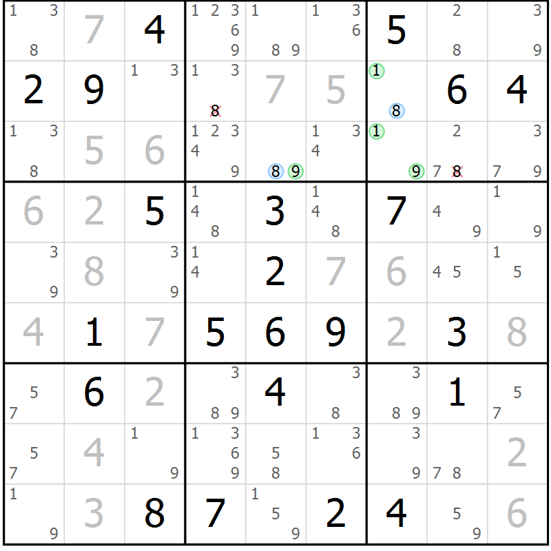 Position des candidats pour la solution de la Gr 124 page 127 du magazine de sudoku Giga sudoku niv 6-8 n° 032