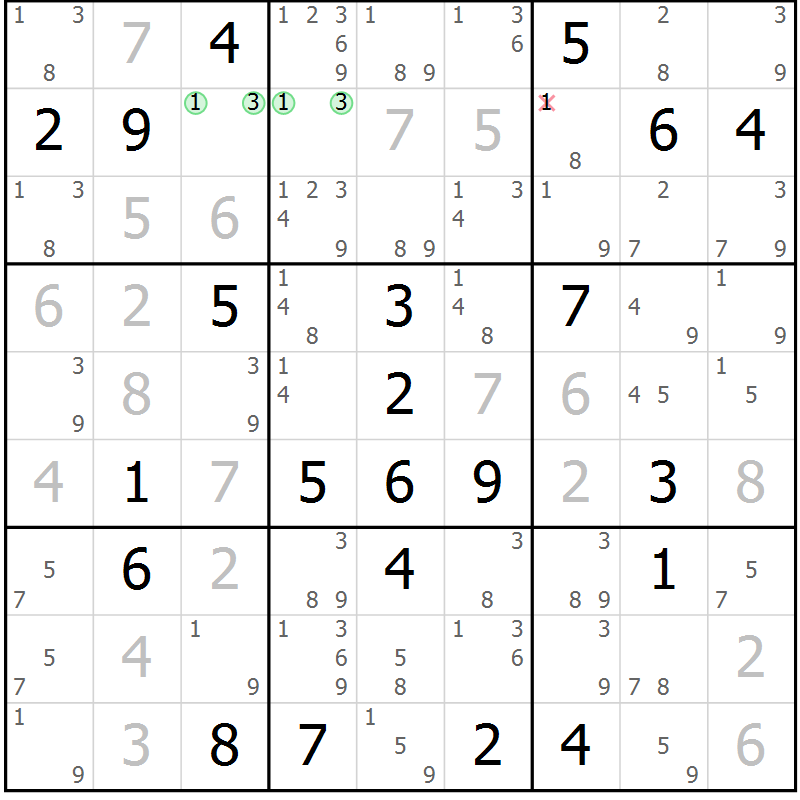 Position des candidats pour la solution de la Gr 124 page 127 du magazine de sudoku Giga sudoku niv 6-8 n° 032