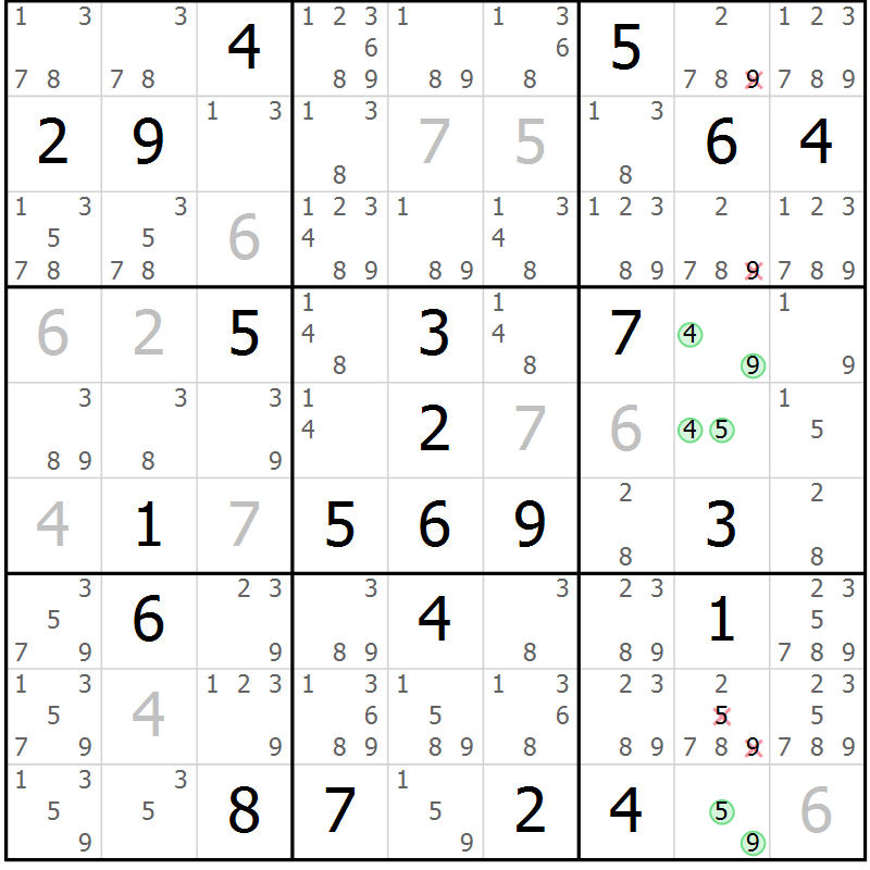 Position des candidats pour la solution de la Gr 124 page 127 du magazine de sudoku Giga sudoku niv 6-8 n° 032