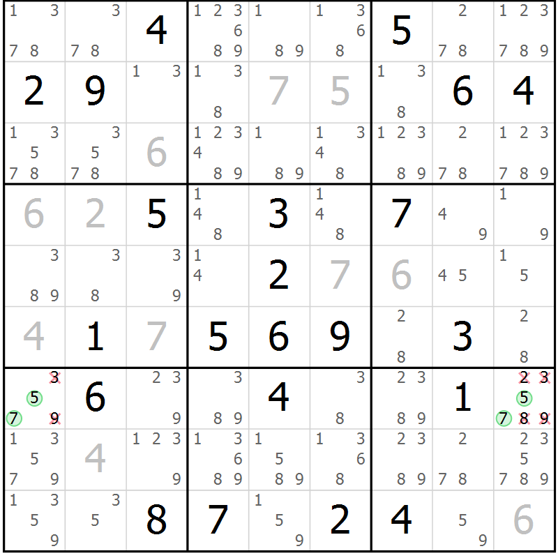 Position des candidats pour la solution de la Gr 124 page 127 du magazine de sudoku Giga sudoku niv 6-8 n° 032