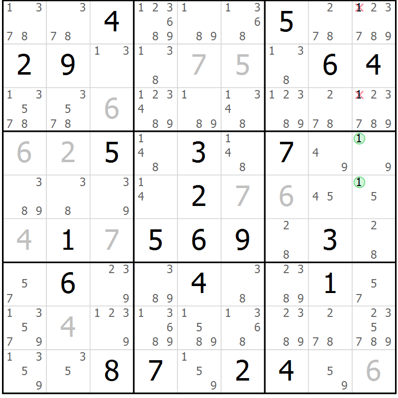 Position des candidats pour la solution de la Gr 124 page 127 du magazine de sudoku Giga sudoku niv 6-8 n° 032