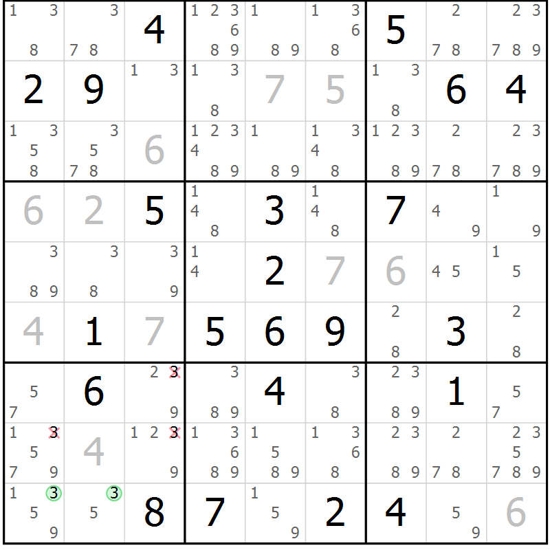 Position des candidats pour la solution de la Gr 124 page 127 du magazine de sudoku Giga sudoku niv 6-8 n° 032