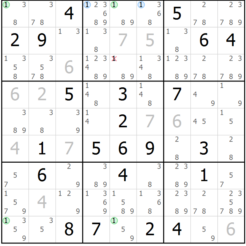 Position des candidats pour la solution de la Gr 124 page 127 du magazine de sudoku Giga sudoku niv 6-8 n° 032