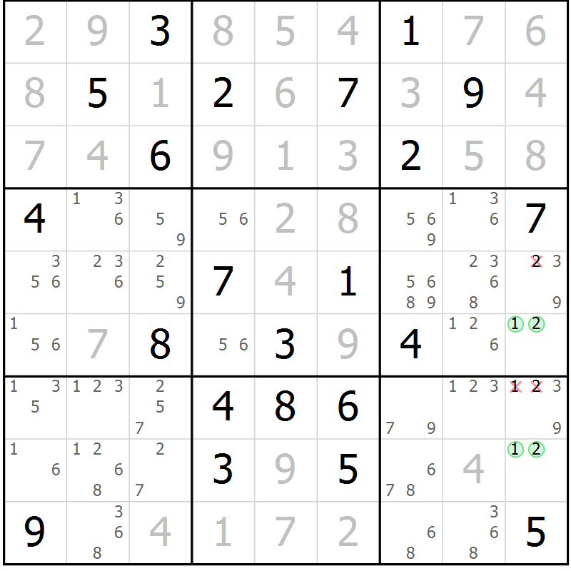 Position des candidats pour la solution de la Gr 125 page 128 du magazine de sudoku Giga sudoku niv 6-8 n° 032