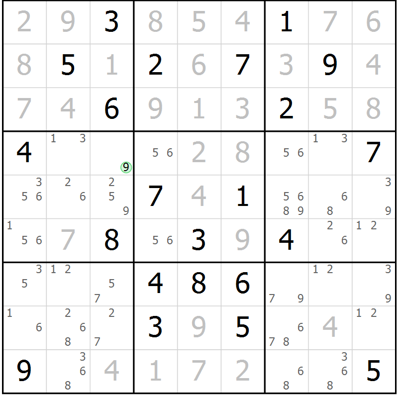Position des candidats pour la solution de la Gr 125 page 128 du magazine de sudoku Giga sudoku niv 6-8 n° 032