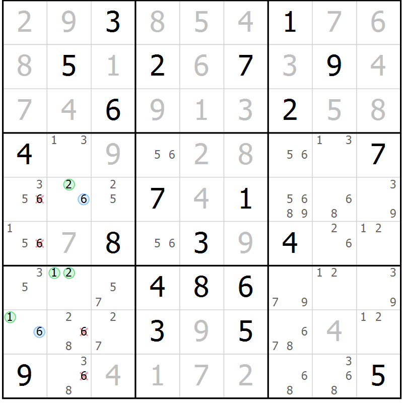 Position des candidats pour la solution de la Gr 125 page 128 du magazine de sudoku Giga sudoku niv 6-8 n° 032