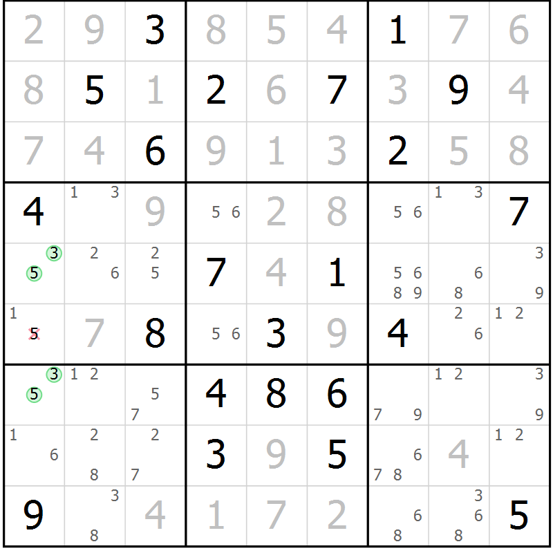 Position des candidats pour la solution de la Gr 125 page 128 du magazine de sudoku Giga sudoku niv 6-8 n° 032