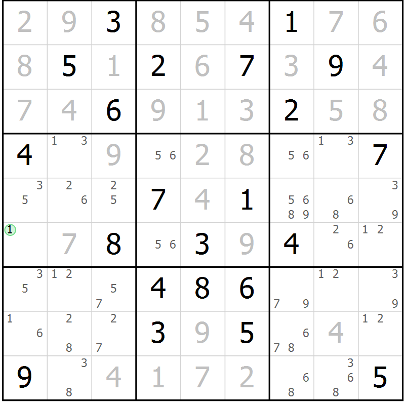 Position des candidats pour la solution de la Gr 125 page 128 du magazine de sudoku Giga sudoku niv 6-8 n° 032