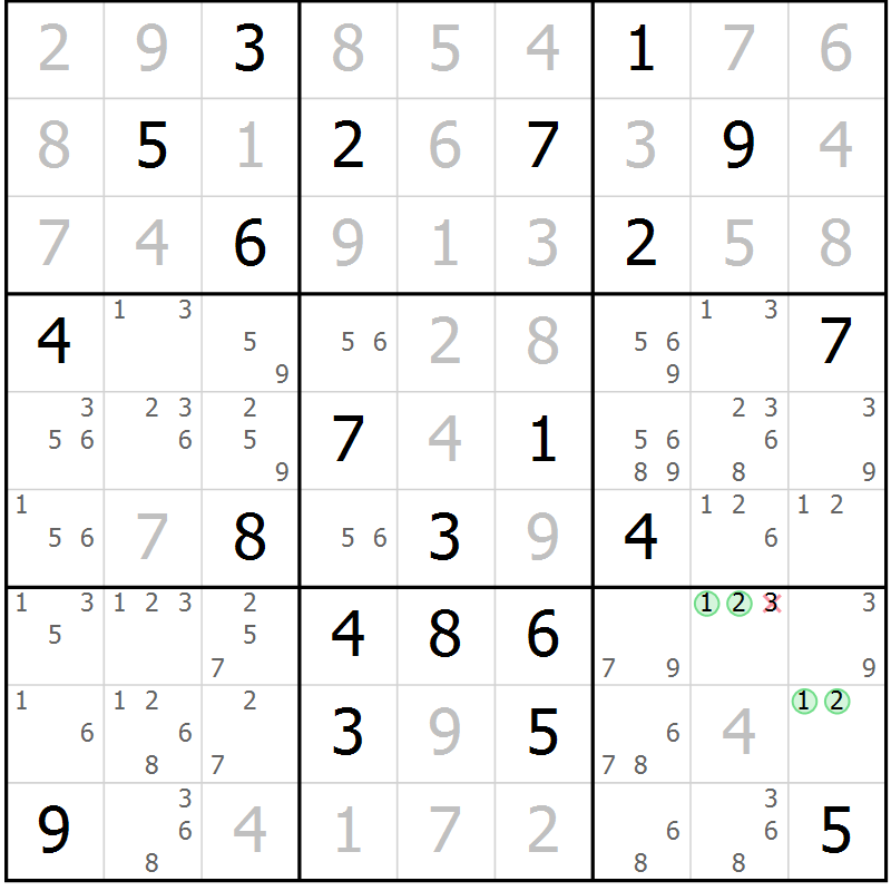 Position des candidats pour la solution de la Gr 125 page 128 du magazine de sudoku Giga sudoku niv 6-8 n° 032
