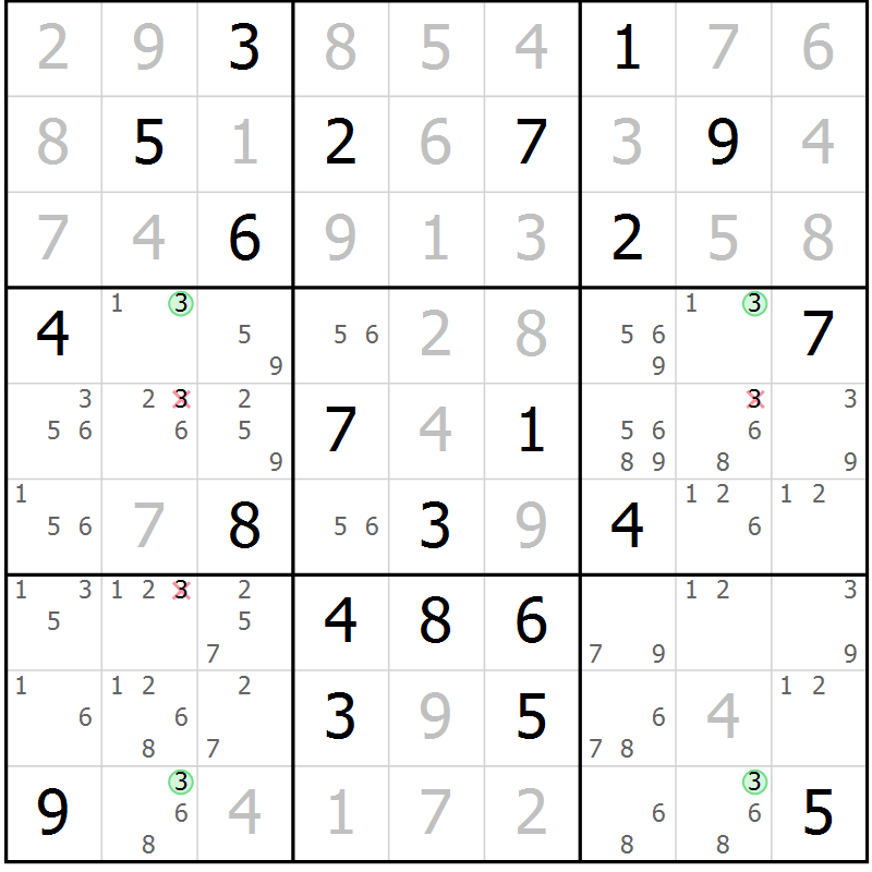 Position des candidats pour la solution de la Gr 125 page 128 du magazine de sudoku Giga sudoku niv 6-8 n° 032