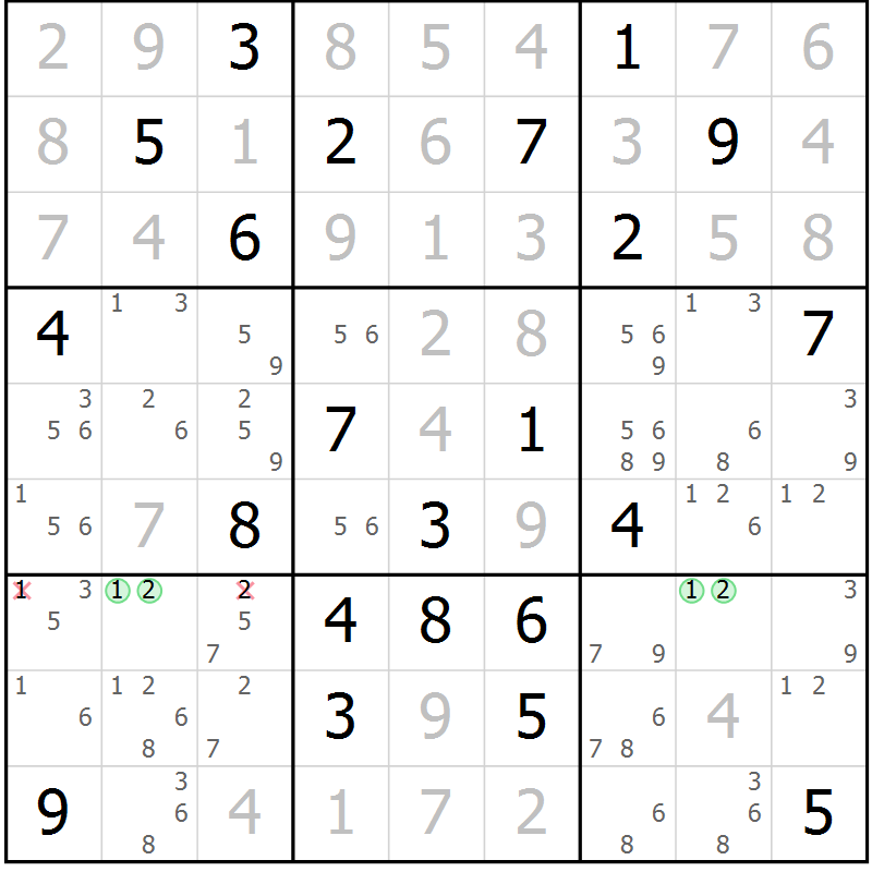 Position des candidats pour la solution de la Gr 125 page 128 du magazine de sudoku Giga sudoku niv 6-8 n° 032