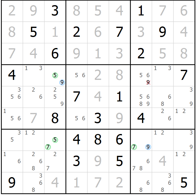Position des candidats pour la solution de la Gr 125 page 128 du magazine de sudoku Giga sudoku niv 6-8 n° 032