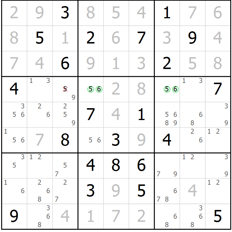Position des candidats pour la solution de la Gr 125 page 128 du magazine de sudoku Giga sudoku niv 6-8 n° 032