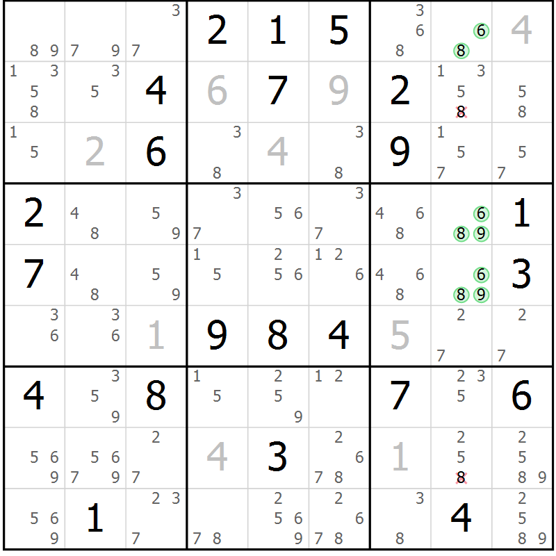 Position des candidats pour la solution de la Gr 126 page 129 du magazine de sudoku Giga sudoku niv 6-8 n° 032