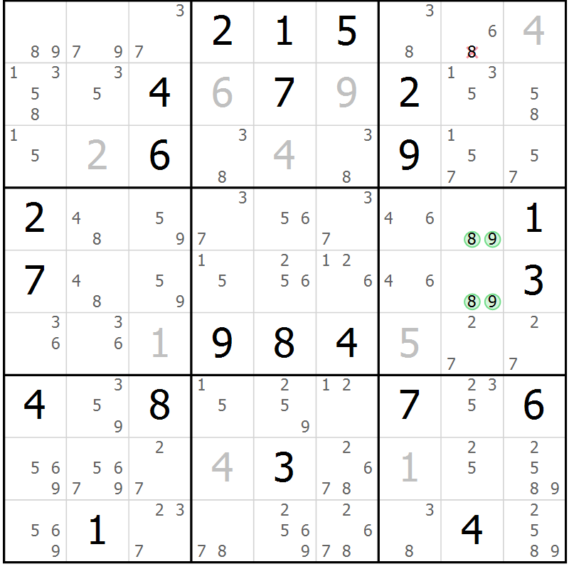 Position des candidats pour la solution de la Gr 126 page 129 du magazine de sudoku Giga sudoku niv 6-8 n° 032
