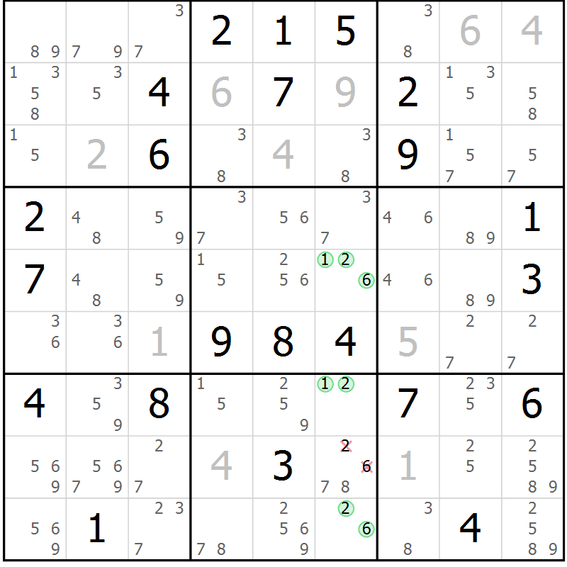 Position des candidats pour la solution de la Gr 126 page 129 du magazine de sudoku Giga sudoku niv 6-8 n° 032