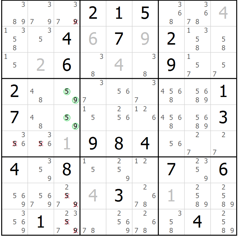 Position des candidats pour la solution de la Gr 126 page 129 du magazine de sudoku Giga sudoku niv 6-8 n° 032