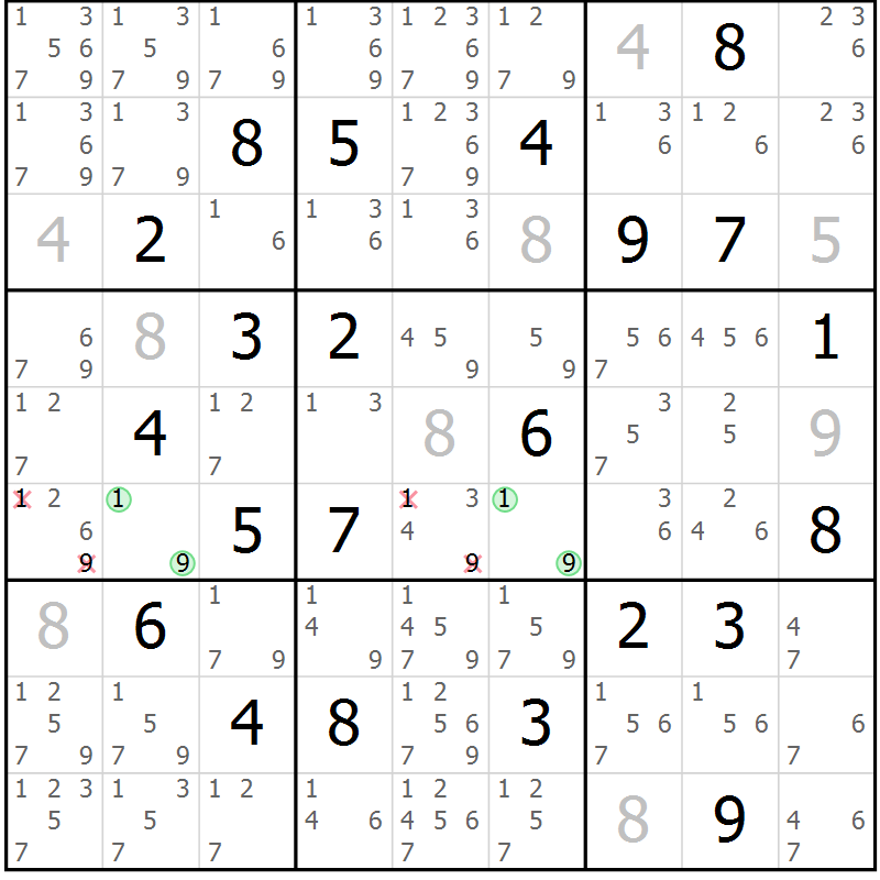 Position des candidats pour la solution de la Gr 127 page 130 du magazine de sudoku Giga sudoku niv 6-8 n° 032