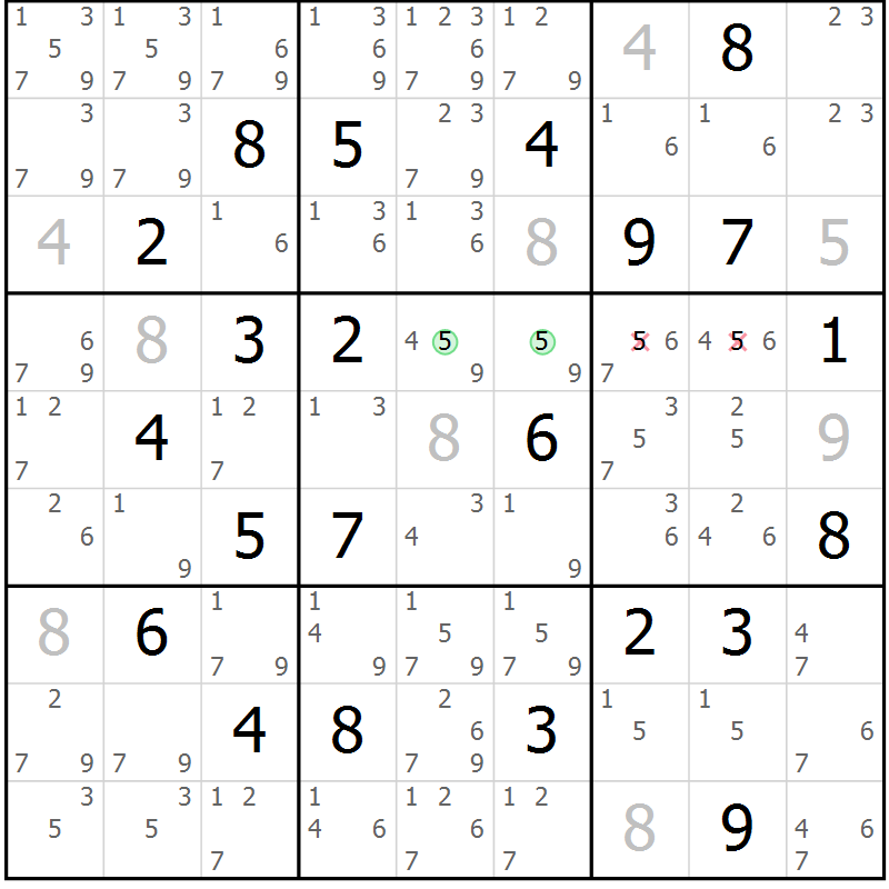 Position des candidats pour la solution de la Gr 127 page 130 du magazine de sudoku Giga sudoku niv 6-8 n° 032
