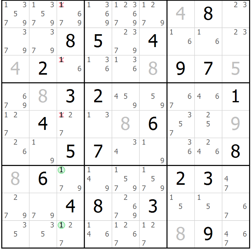 Position des candidats pour la solution de la Gr 127 page 130 du magazine de sudoku Giga sudoku niv 6-8 n° 032