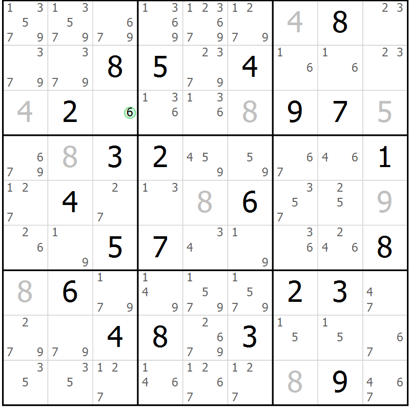 Position des candidats pour la solution de la Gr 127 page 130 du magazine de sudoku Giga sudoku niv 6-8 n° 032