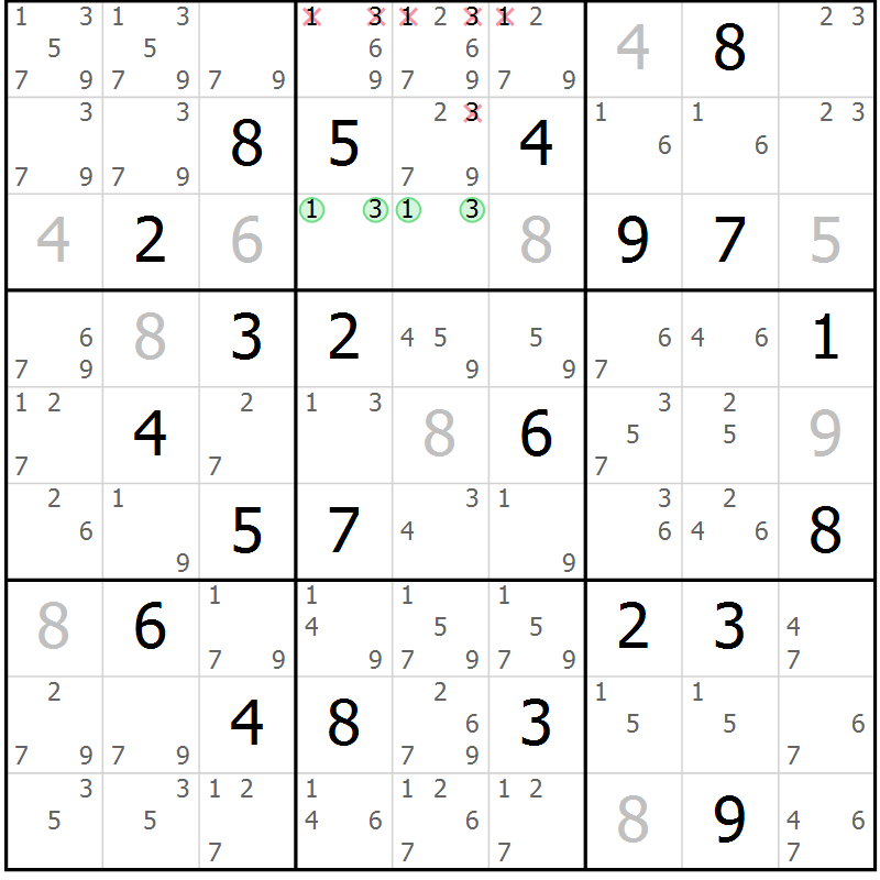 Position des candidats pour la solution de la Gr 127 page 130 du magazine de sudoku Giga sudoku niv 6-8 n° 032