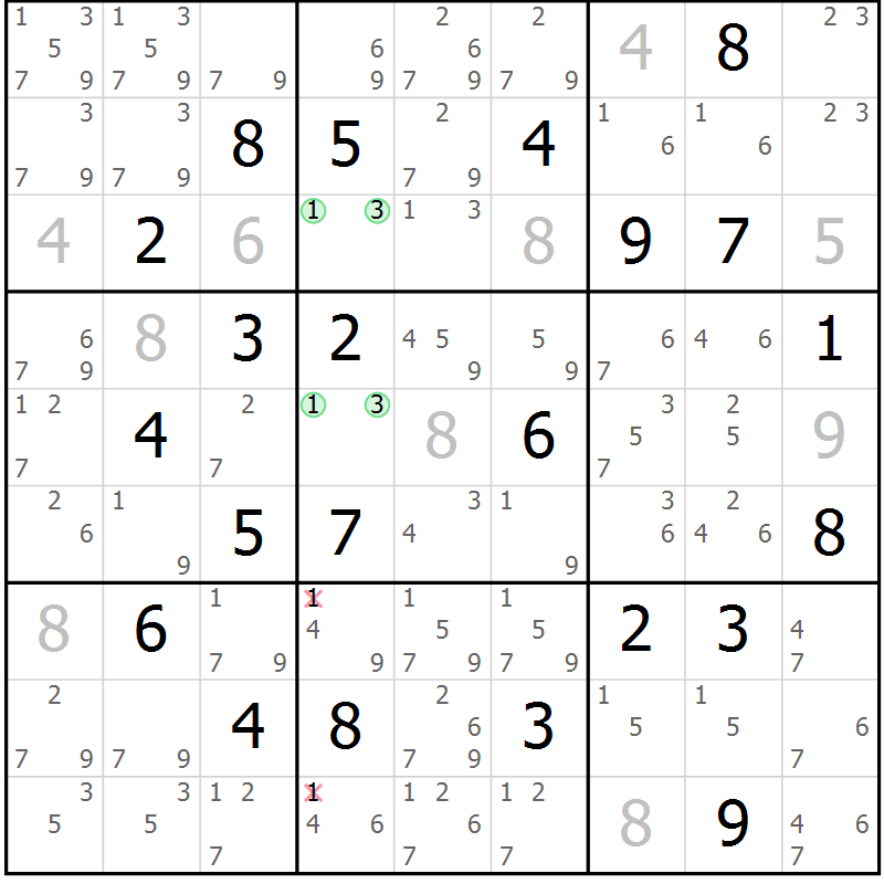 Position des candidats pour la solution de la Gr 127 page 130 du magazine de sudoku Giga sudoku niv 6-8 n° 032