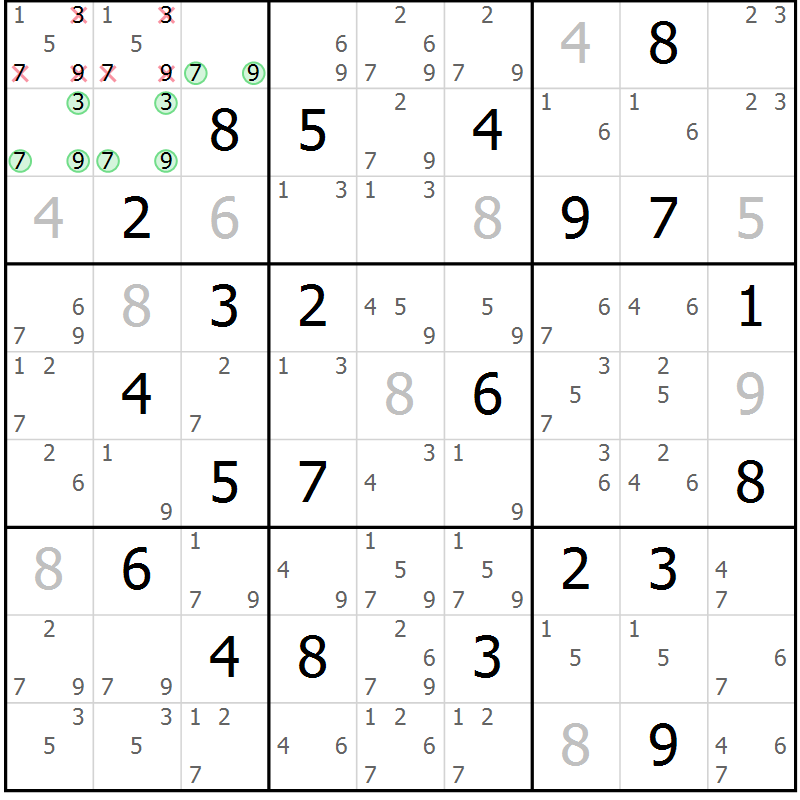 Position des candidats pour la solution de la Gr 127 page 130 du magazine de sudoku Giga sudoku niv 6-8 n° 032